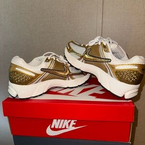Nike Zoom Vomero 5 Metallic Gold and White Athletic Shoes